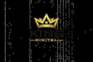 Gold crown logo with KING DIGITAL text on black background with digital code pattern